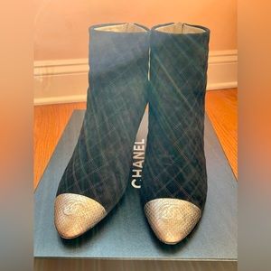 CHANEL  sued black boots with silver / gold python in great condition